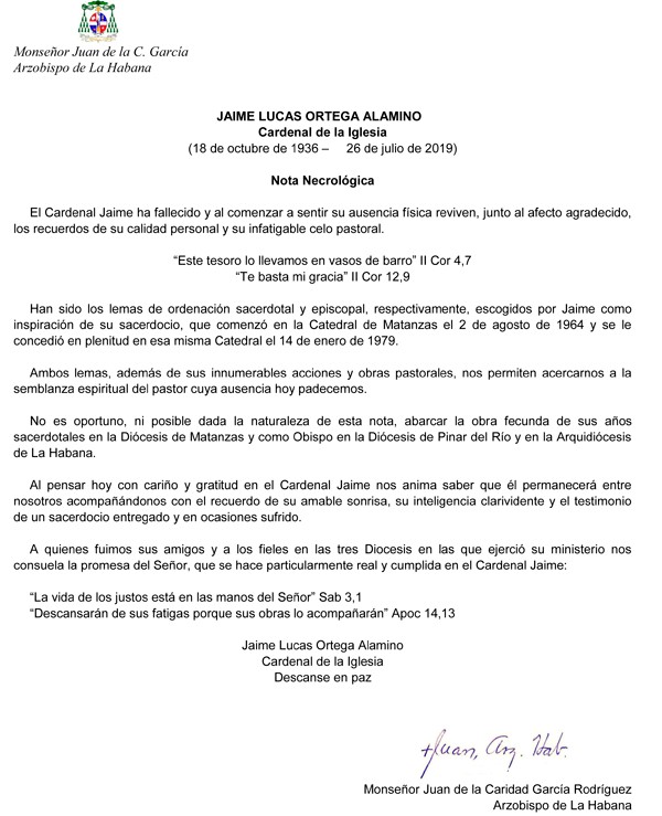 Nota del Arzobispado de La Habana sobre el fallecimiento del Cardenal Jaime Ortega.